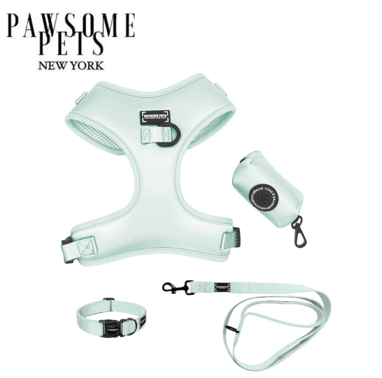 Mint Green Dog Walking Bundle — Harness, Collar, Lead, Bowtie & Poop Bag Holder