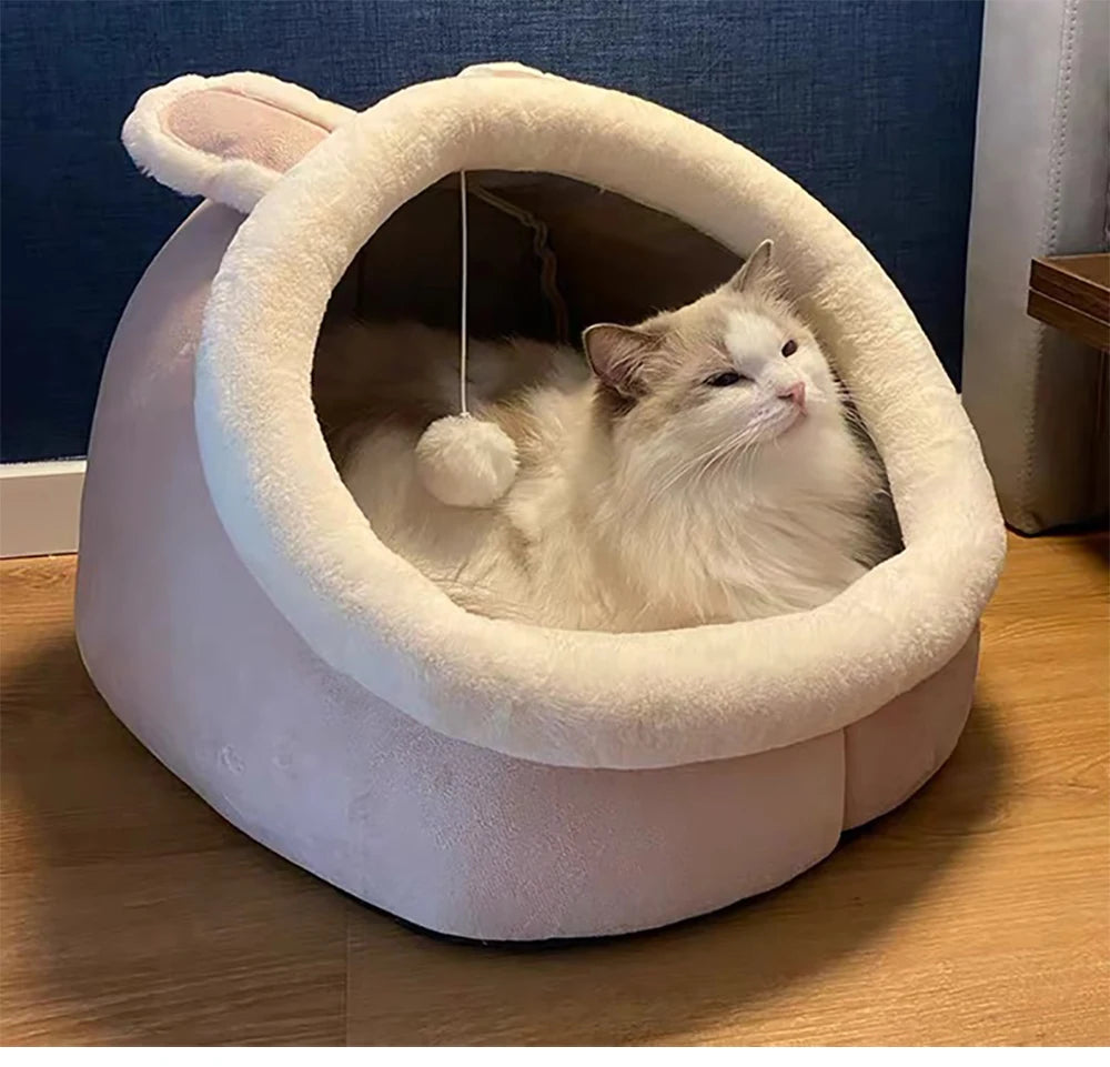 Cat Tent Bed — Cozy Semi-Enclosed Cotton Pet House with Pompom, Sizes S/M/L