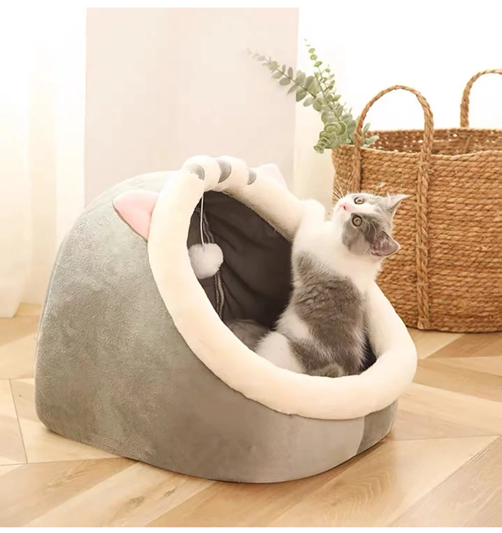 Cat Tent Bed — Cozy Semi-Enclosed Cotton Pet House with Pompom, Sizes S/M/L