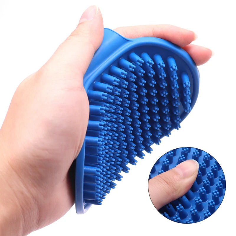Pet Grooming Massage Brush — Rubber Bristle Bath Comb with Adjustable Ring Handle