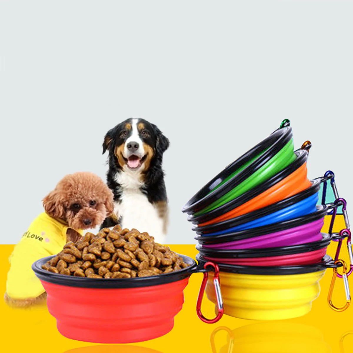 Collapsible Silicone Pet Bowl with Carabiner Clip — Travel Dog Food & Water Dish