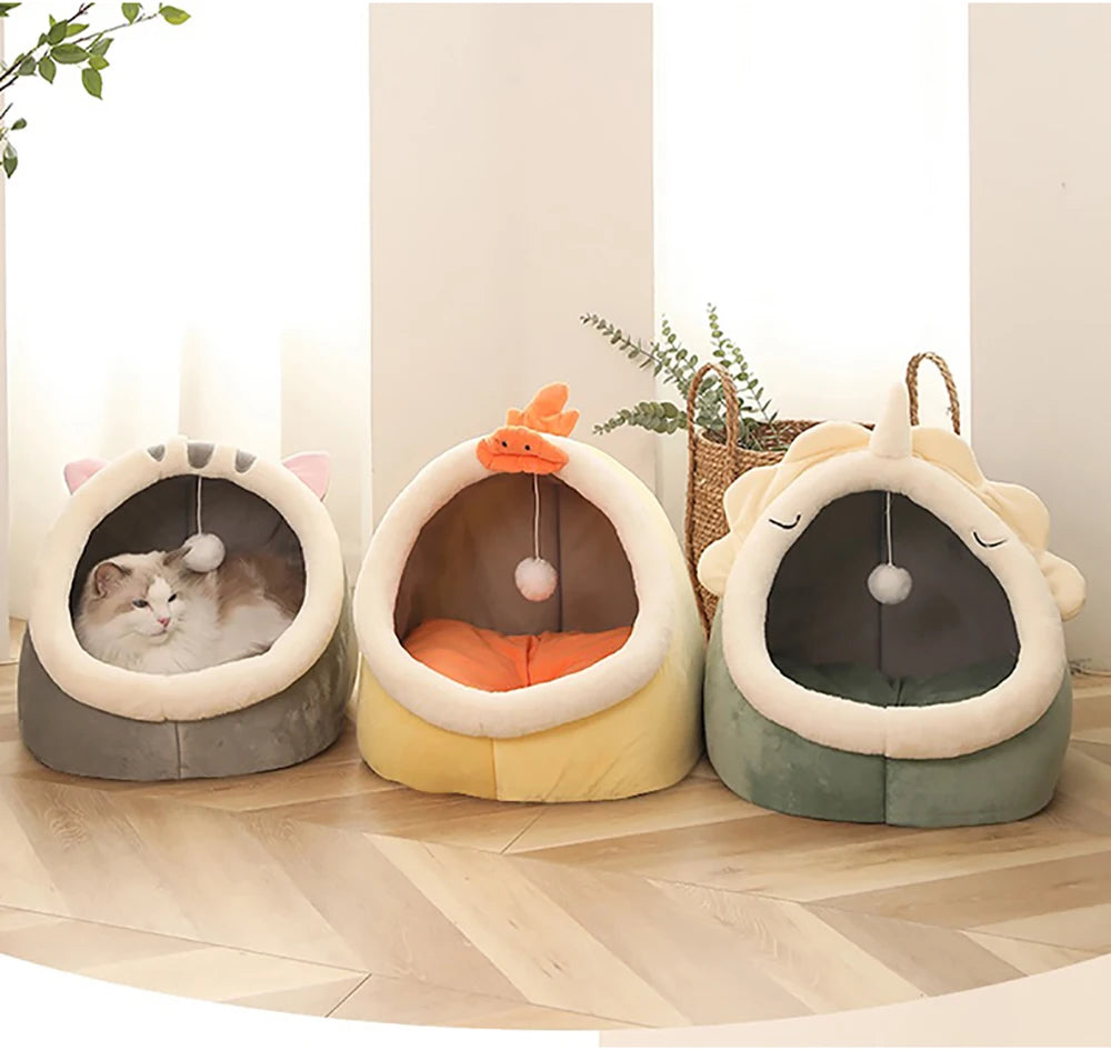 Cat Tent Bed — Cozy Semi-Enclosed Cotton Pet House with Pompom, Sizes S/M/L