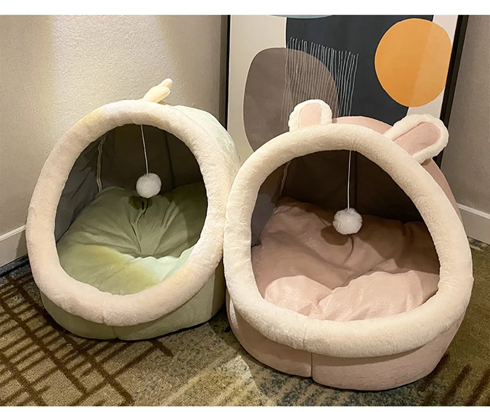 Cat Tent Bed — Cozy Semi-Enclosed Cotton Pet House with Pompom, Sizes S/M/L