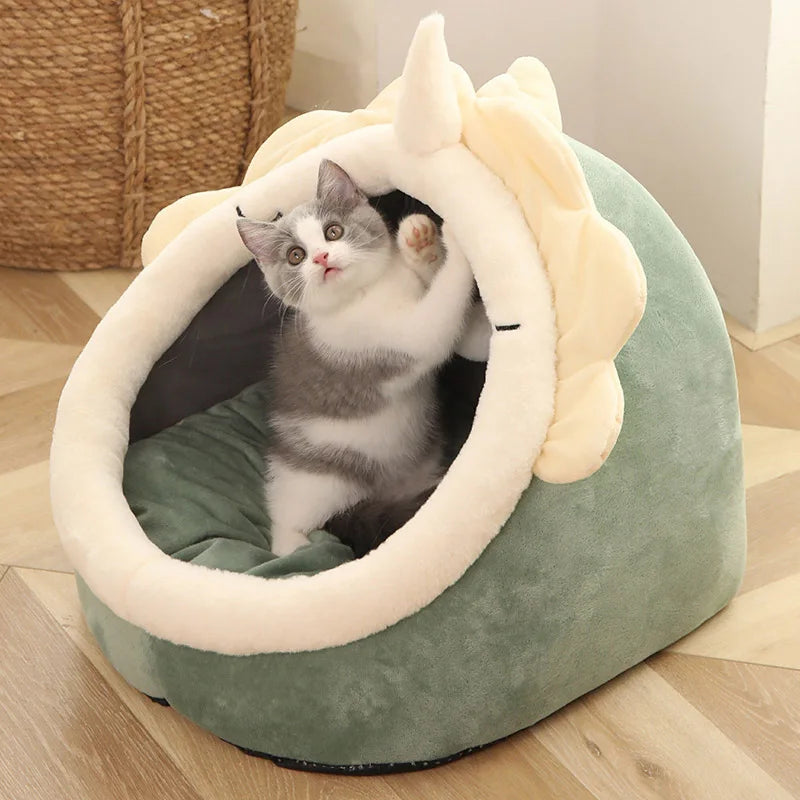 Cat Tent Bed — Cozy Semi-Enclosed Cotton Pet House with Pompom, Sizes S/M/L