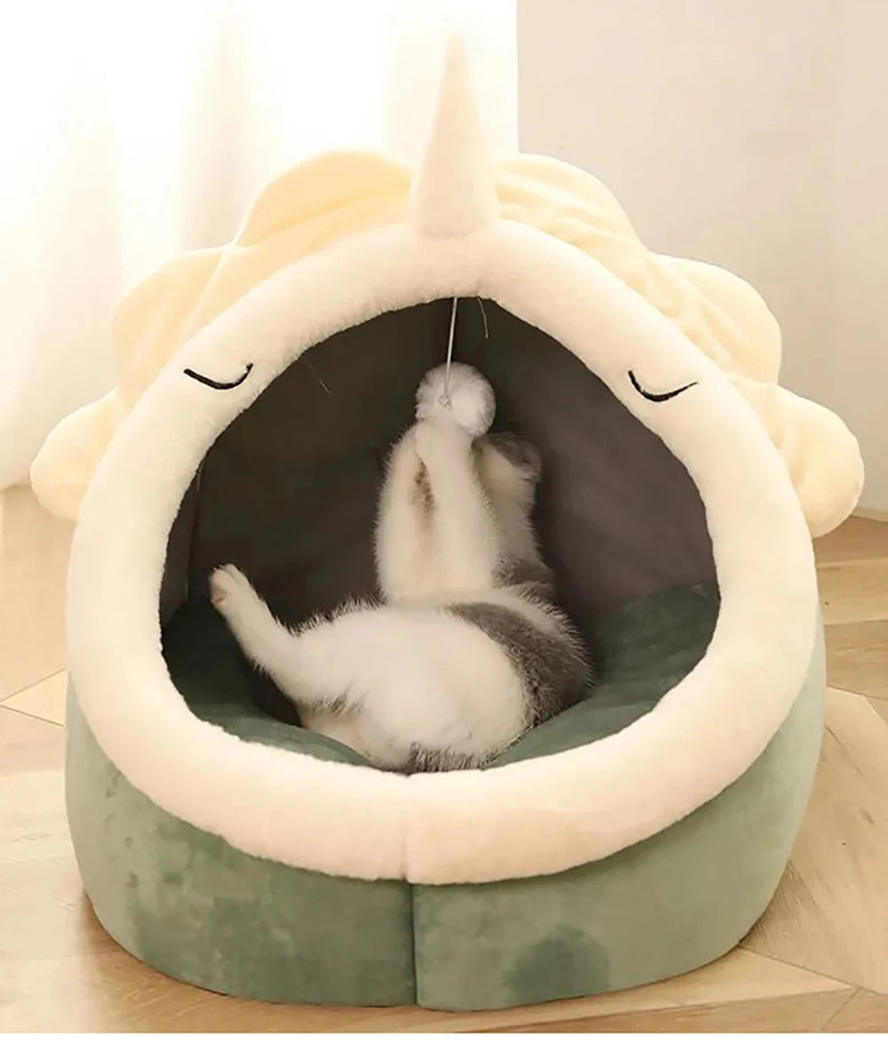Cat Tent Bed — Cozy Semi-Enclosed Cotton Pet House with Pompom, Sizes S/M/L