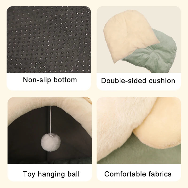 Cat Tent Bed — Cozy Semi-Enclosed Cotton Pet House with Pompom, Sizes S/M/L