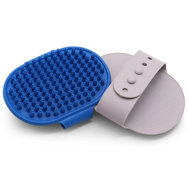 Pet Grooming Massage Brush — Rubber Bristle Bath Comb with Adjustable Ring Handle