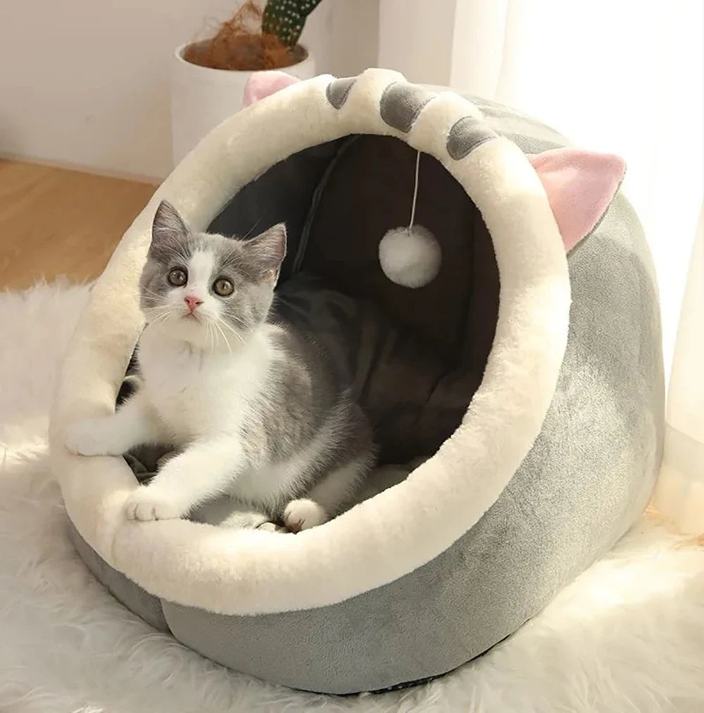 Cat Tent Bed — Cozy Semi-Enclosed Cotton Pet House with Pompom, Sizes S/M/L