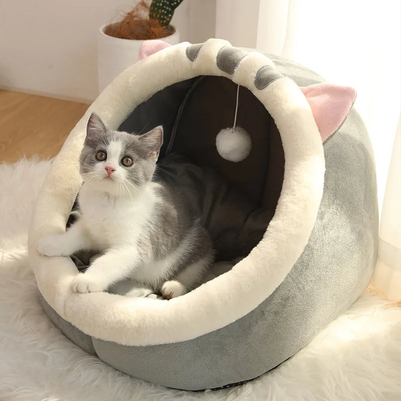 Cat Tent Bed — Cozy Semi-Enclosed Cotton Pet House with Pompom, Sizes S/M/L