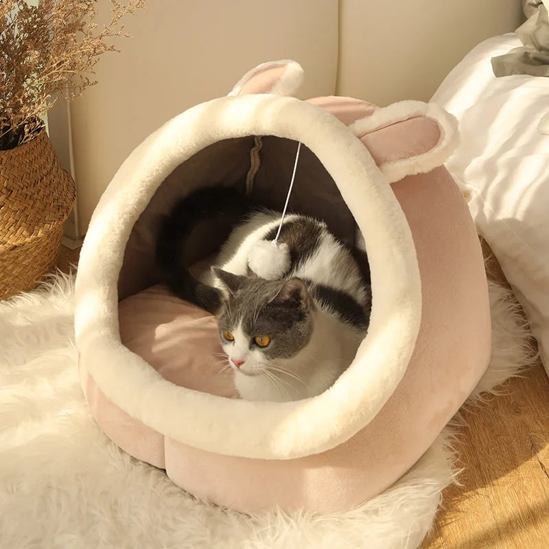 Cat Tent Bed — Cozy Semi-Enclosed Cotton Pet House with Pompom, Sizes S/M/L