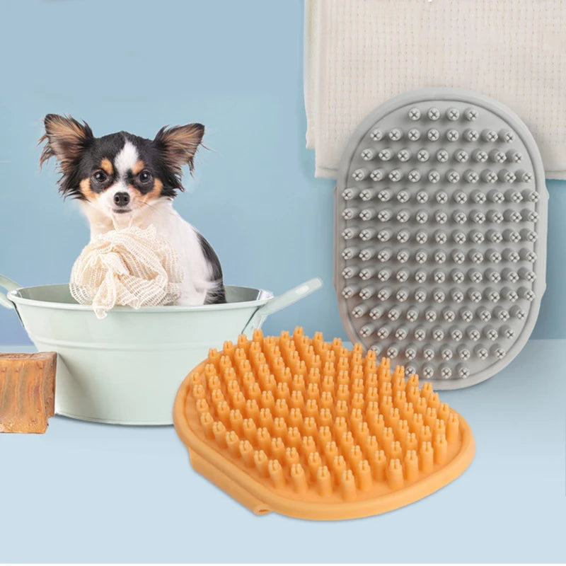 Pet Grooming Massage Brush — Rubber Bristle Bath Comb with Adjustable Ring Handle