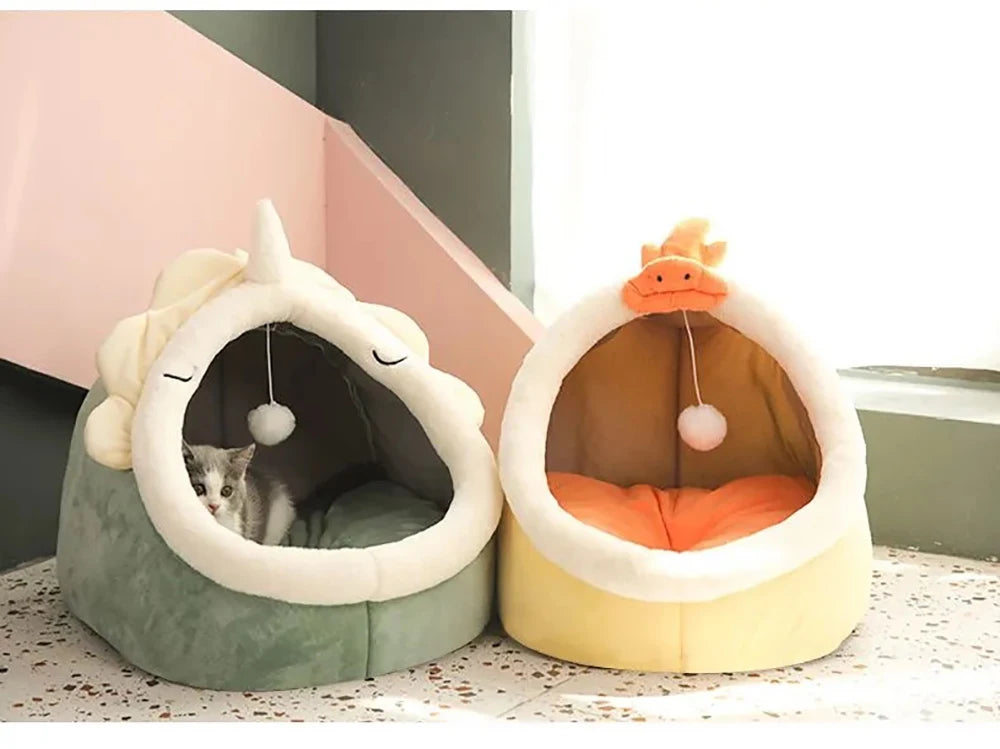 Cat Tent Bed — Cozy Semi-Enclosed Cotton Pet House with Pompom, Sizes S/M/L