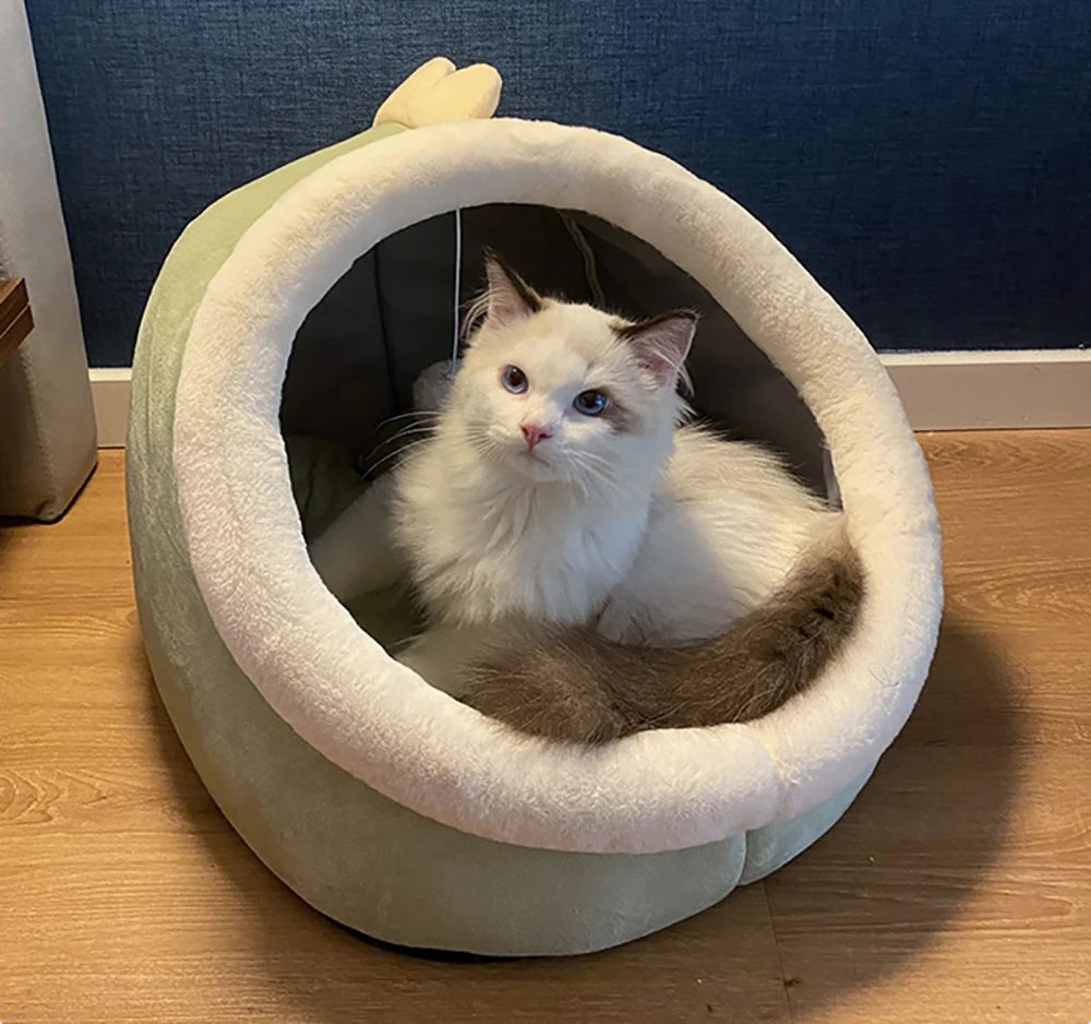Cat Tent Bed — Cozy Semi-Enclosed Cotton Pet House with Pompom, Sizes S/M/L