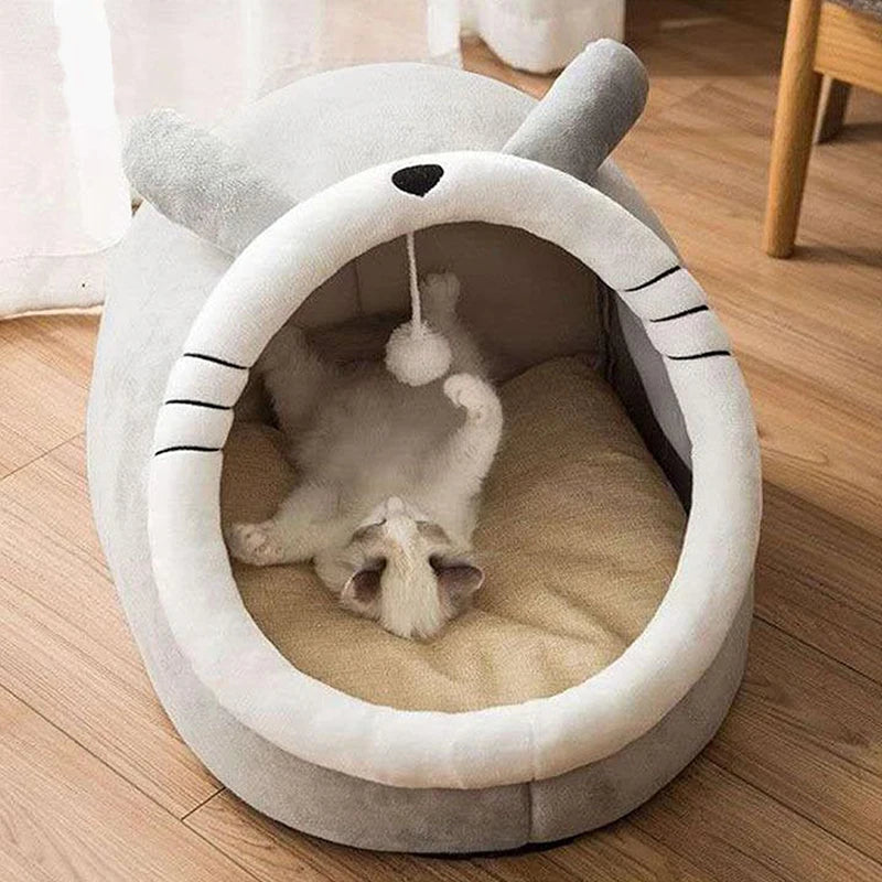 Cat Tent Bed — Cozy Semi-Enclosed Cotton Pet House with Pompom, Sizes S/M/L