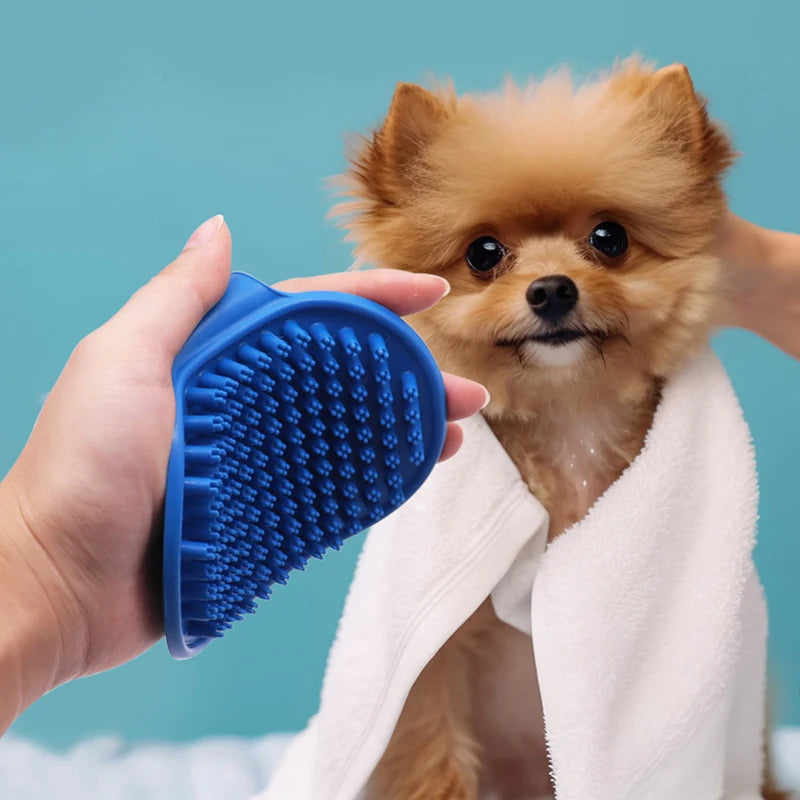 Pet Grooming Massage Brush — Rubber Bristle Bath Comb with Adjustable Ring Handle