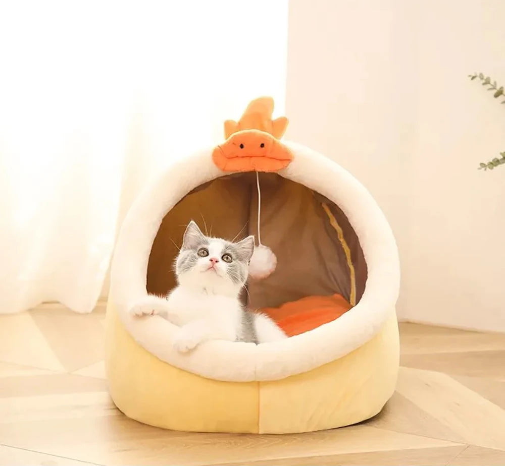Cat Tent Bed — Cozy Semi-Enclosed Cotton Pet House with Pompom, Sizes S/M/L