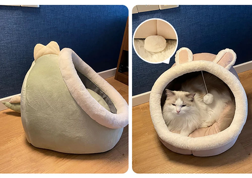 Cat Tent Bed — Cozy Semi-Enclosed Cotton Pet House with Pompom, Sizes S/M/L