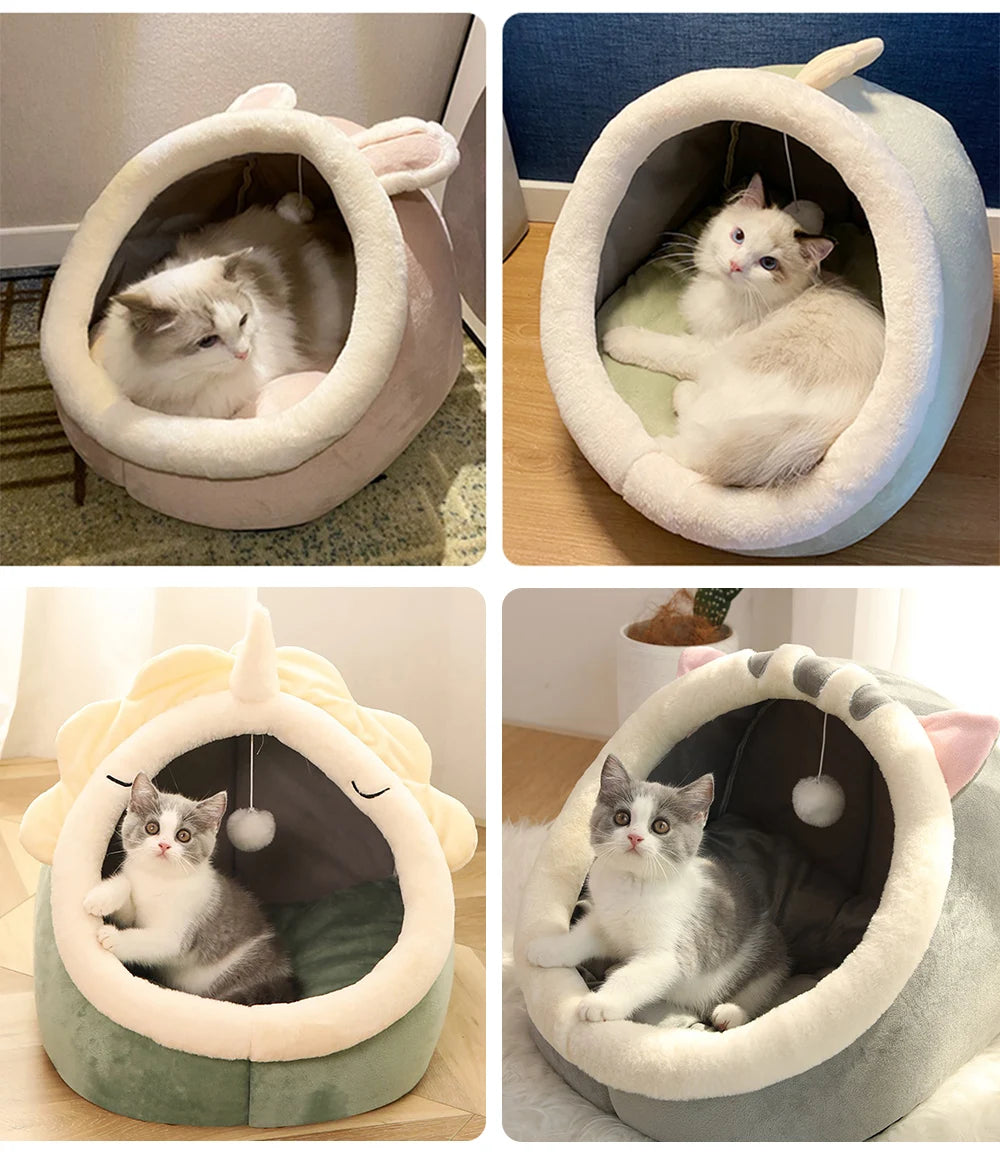 Cat Tent Bed — Cozy Semi-Enclosed Cotton Pet House with Pompom, Sizes S/M/L